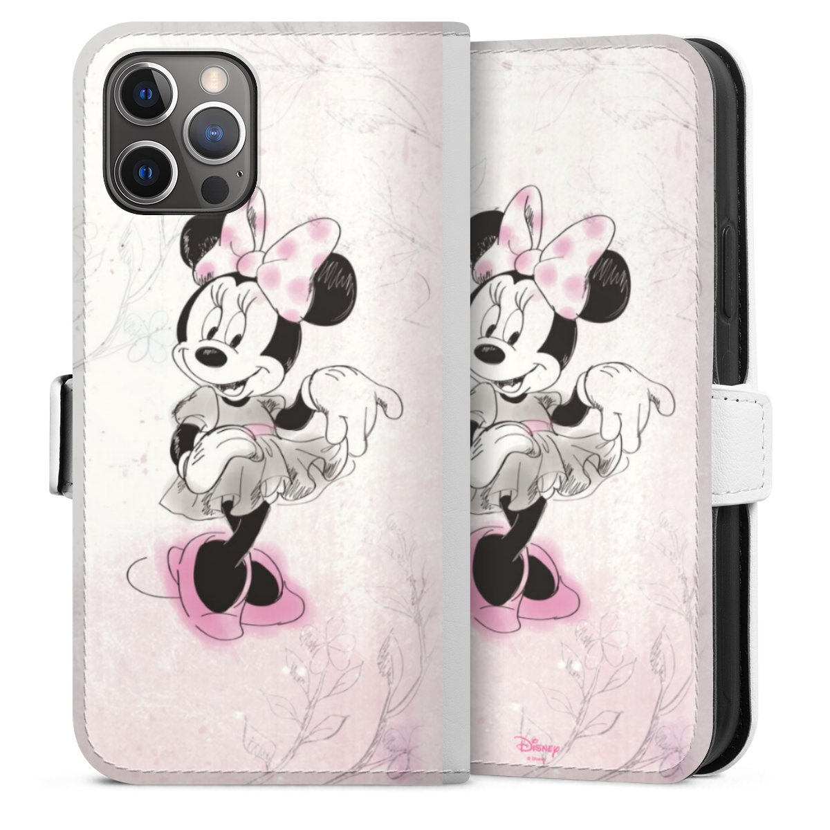 iPhone 12 Pro Handy Klapphülle Handyhülle aus Kunst Leder weiß Flip Case Disney Vintage Minnie Mouse Sideflip mit Lasche