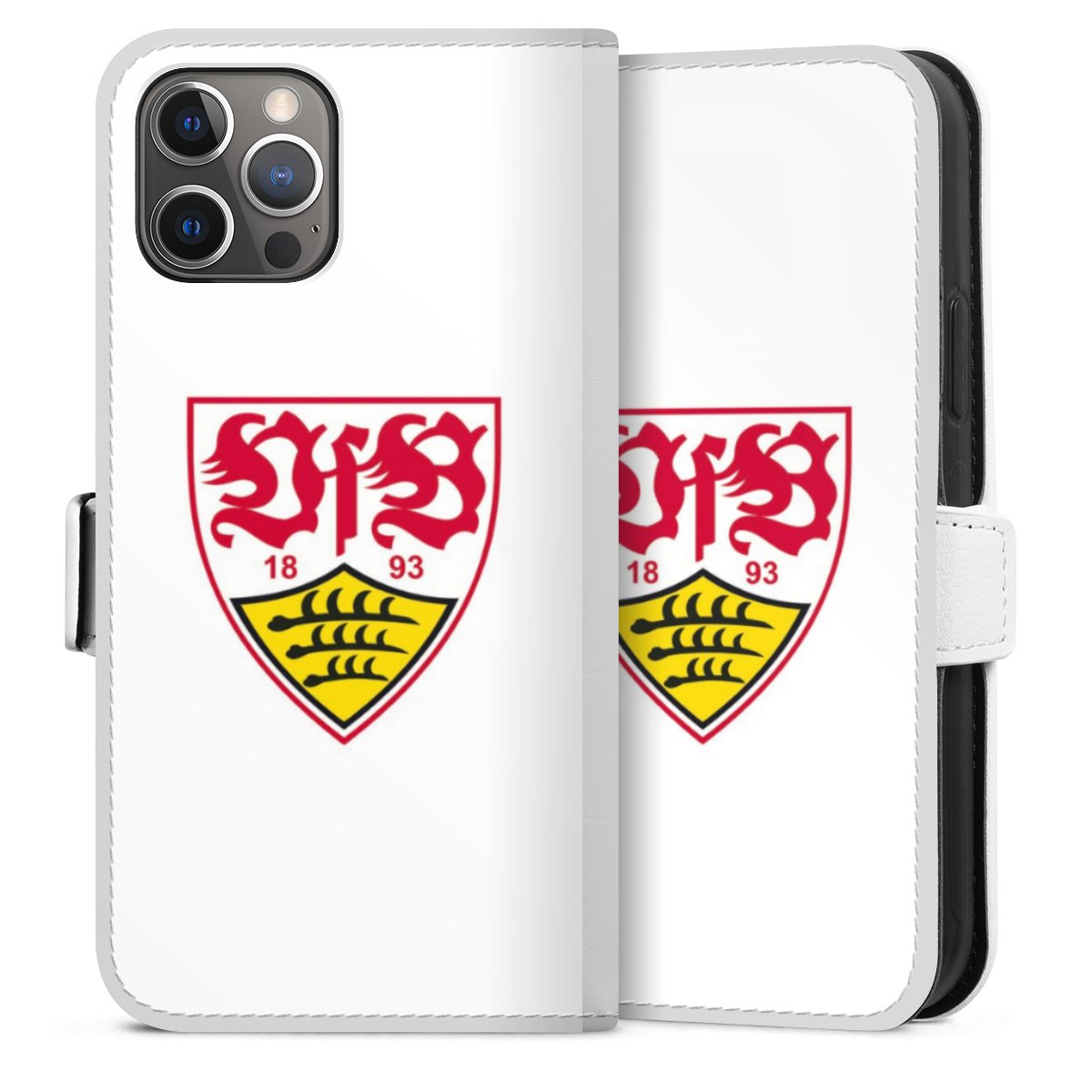 iPhone 12 Pro Handy Klapphülle Handyhülle aus Kunst Leder weiß Flip Case Official Licensed Product Logo Vfb Stuttgart Sideflip mit Lasche