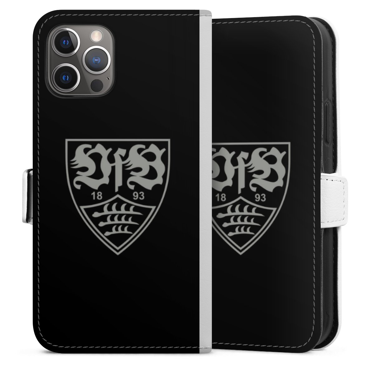 iPhone 12 Pro Handy Klapphülle Handyhülle aus Kunst Leder weiß Flip Case Official Licensed Product Vfb Stuttgart Sideflip mit Lasche