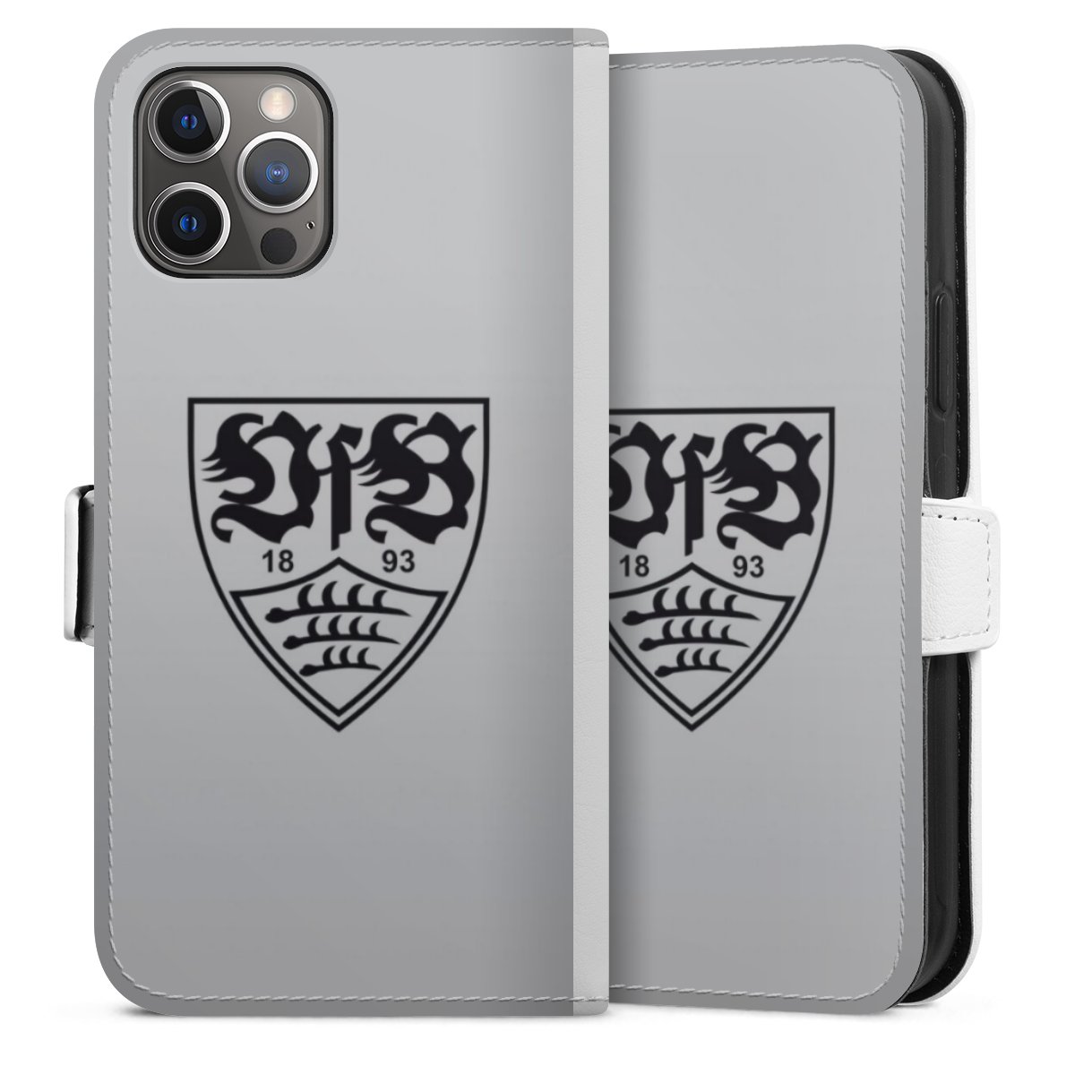 iPhone 12 Pro Handy Klapphülle Handyhülle aus Kunst Leder weiß Flip Case Logo Official Licensed Product Vfb Stuttgart Sideflip mit Lasche