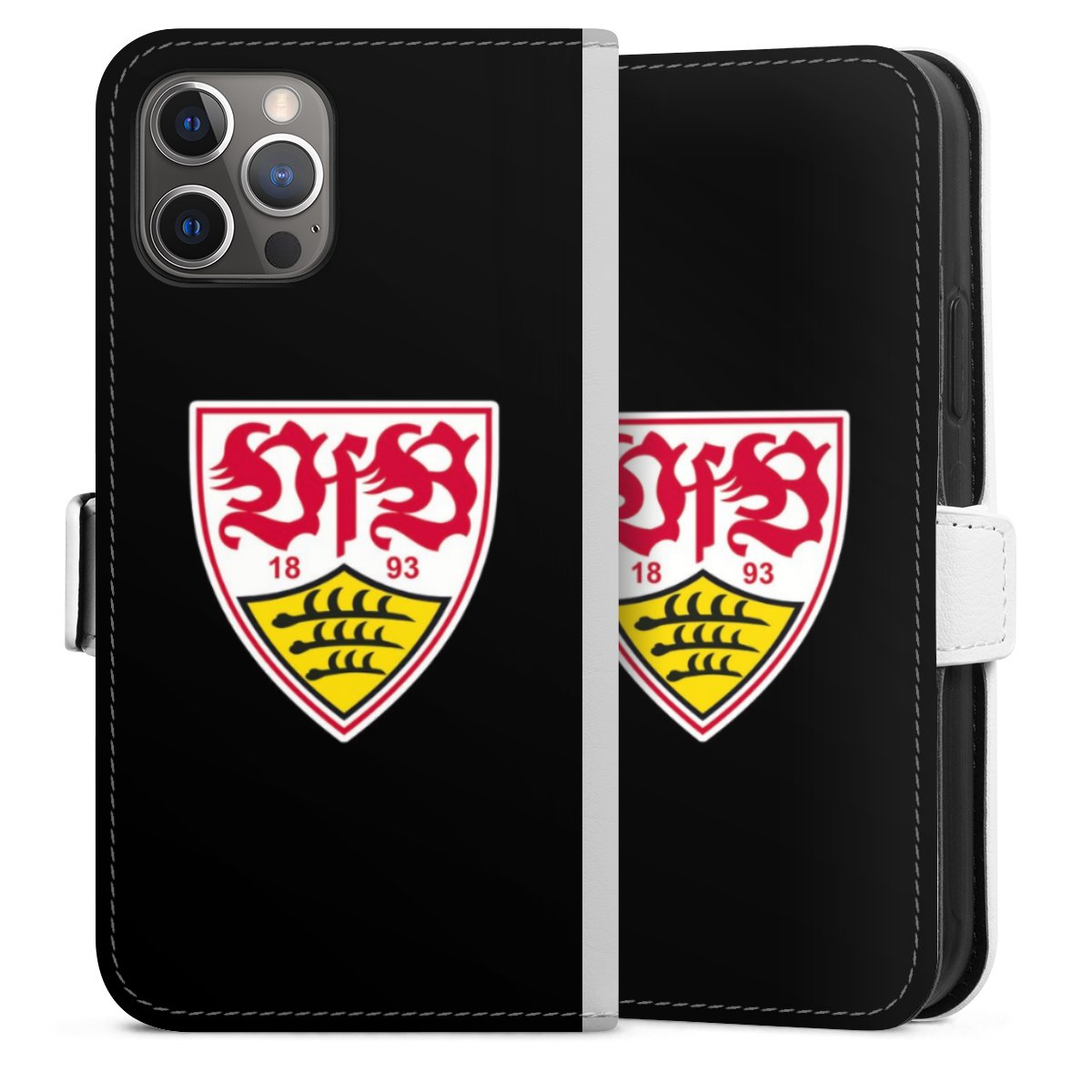 iPhone 12 Pro Handy Klapphülle Handyhülle aus Kunst Leder weiß Flip Case Coat Of Arms Vfb Stuttgart Official Licensed Product Sideflip mit Lasche