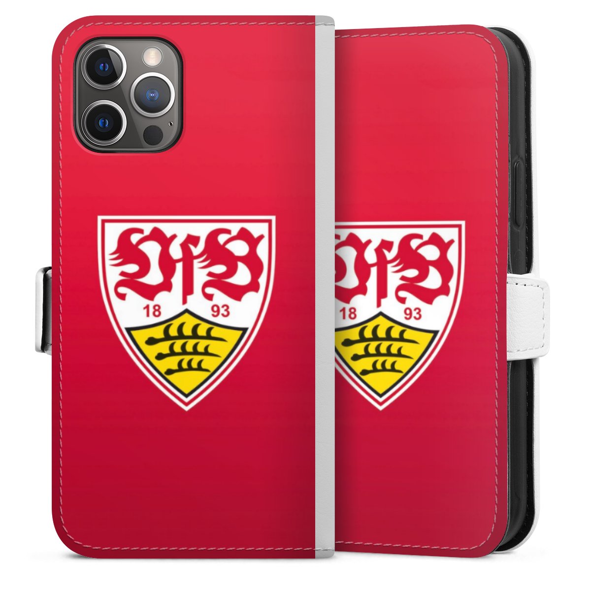 iPhone 12 Pro Handy Klapphülle Handyhülle aus Kunst Leder weiß Flip Case Official Licensed Product Vfb Stuttgart Sideflip mit Lasche