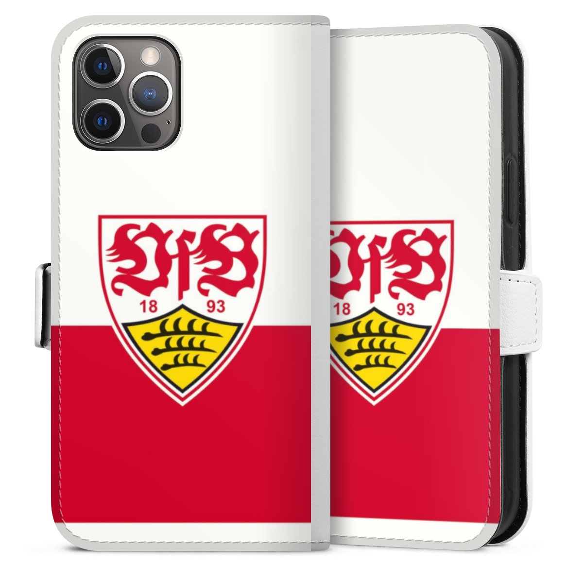 iPhone 12 Pro Handy Klapphülle Handyhülle aus Kunst Leder weiß Flip Case Logo Official Licensed Product Vfb Stuttgart Sideflip mit Lasche