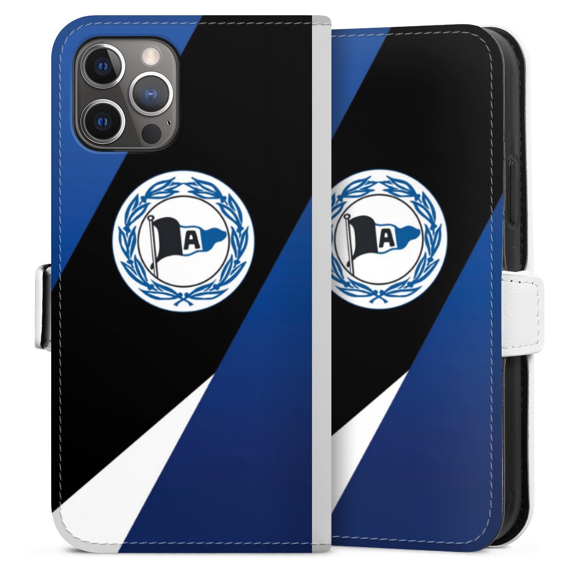 iPhone 12 Pro Handy Klapphülle Handyhülle aus Kunst Leder weiß Flip Case Official Licensed Product Arminia Bielefeld Dsc Sideflip mit Lasche