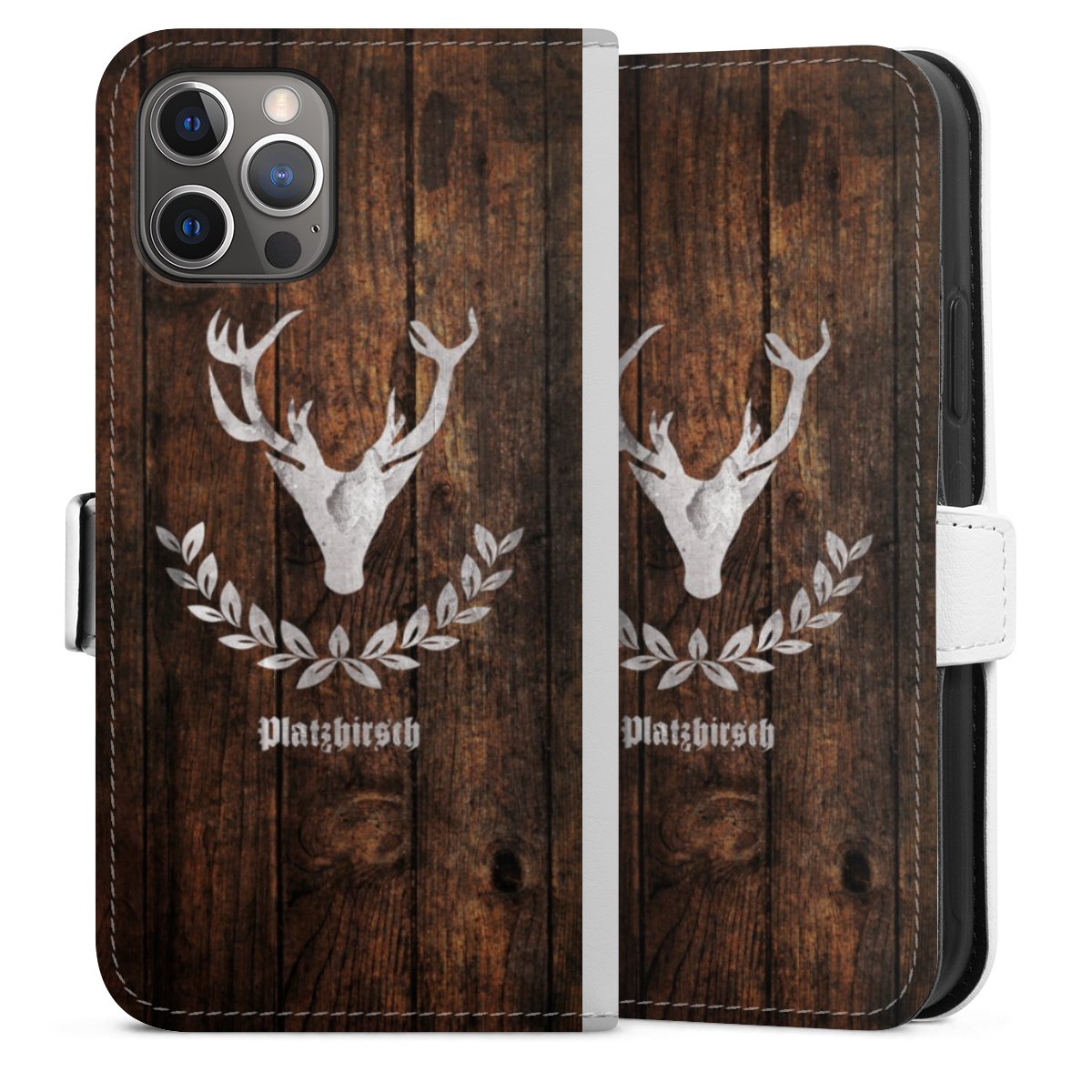 iPhone 12 Pro Handy Klapphülle Handyhülle aus Kunst Leder weiß Flip Case Deer Wooden Look Wood Sideflip mit Lasche