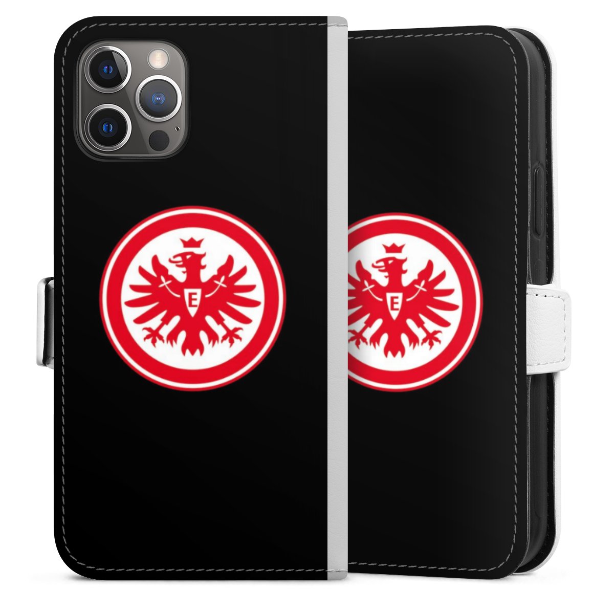 iPhone 12 Pro Handy Klapphülle Handyhülle aus Kunst Leder weiß Flip Case Eagle Sge Eintracht Frankfurt Sideflip mit Lasche