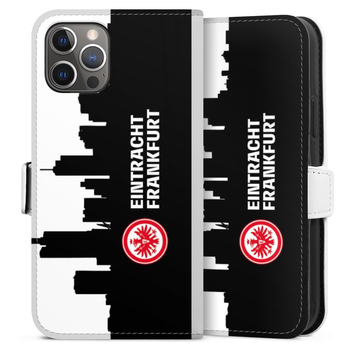 iPhone 12 Pro Handy Klapphülle Handyhülle aus Kunst Leder weiß Flip Case Sge Official Licensed Product Eintracht Frankfurt Sideflip mit Lasche