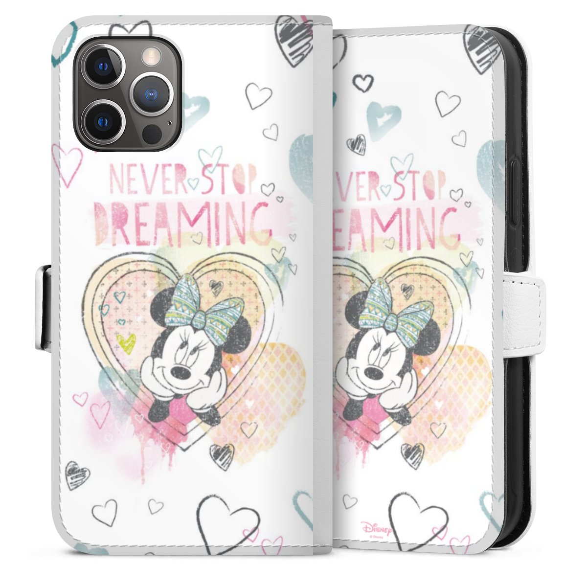 iPhone 12 Pro Handy Klapphülle Handyhülle aus Kunst Leder weiß Flip Case Official Licensed Product Minnie Mouse Disney Sideflip mit Lasche