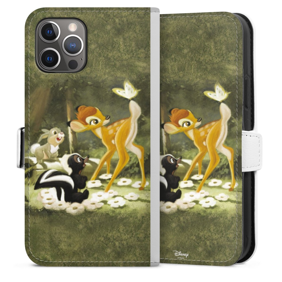 iPhone 12 Pro Handy Klapphülle Handyhülle aus Kunst Leder weiß Flip Case Official Licensed Product Disney Bambi Sideflip mit Lasche