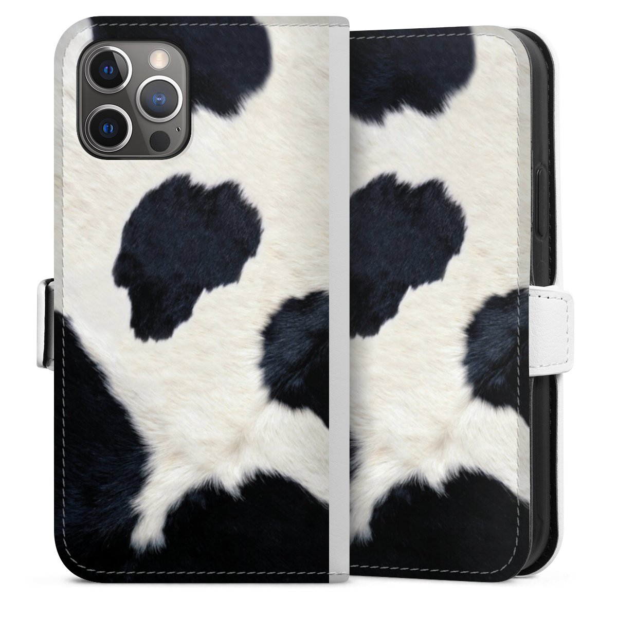 iPhone 12 Pro Handy Klapphülle Handyhülle aus Kunst Leder weiß Flip Case Cow Skin Animal Print Animal Look Sideflip mit Lasche