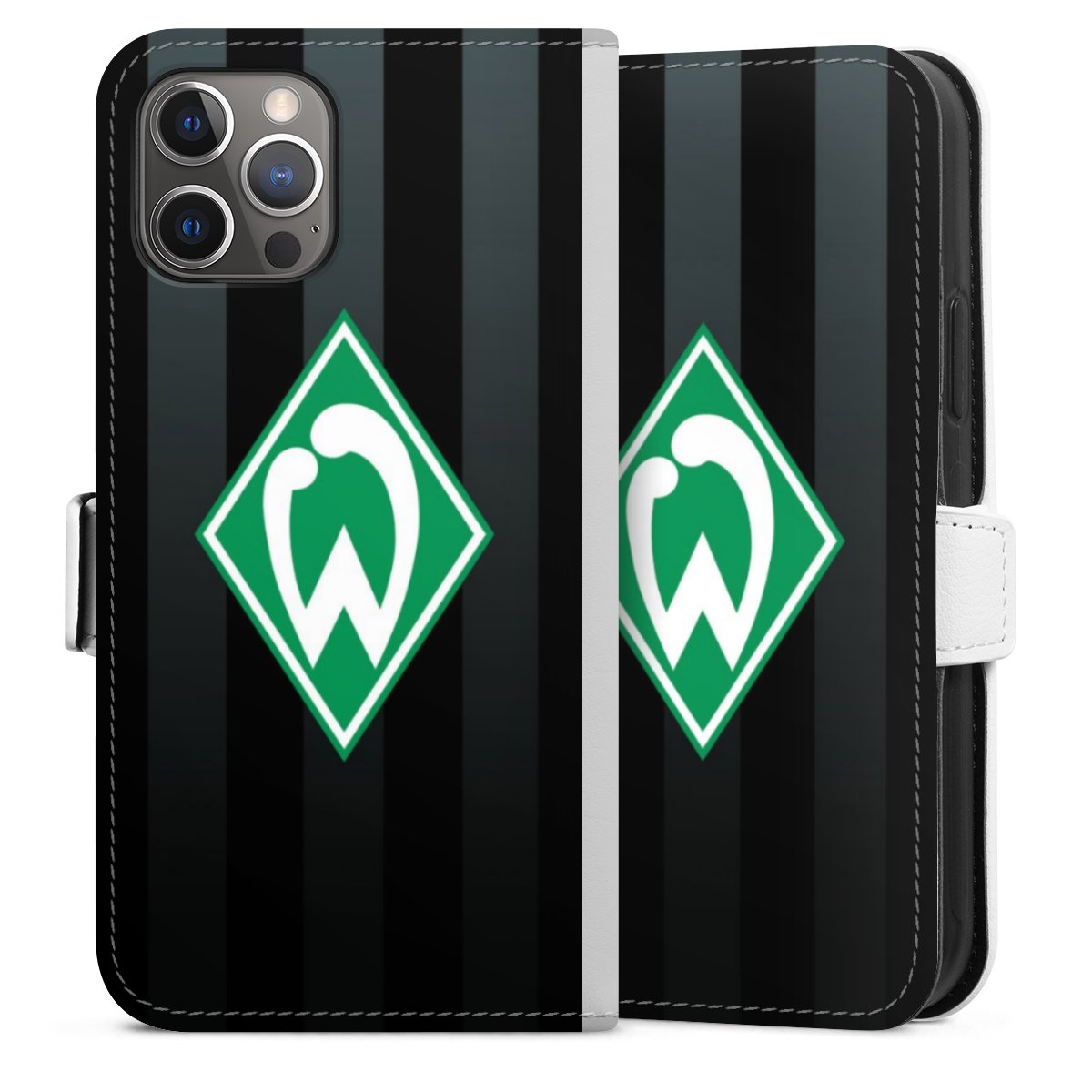 iPhone 12 Pro Handy Klapphülle Handyhülle aus Kunst Leder weiß Flip Case Stripes Official Licensed Product Sv Werder Bremen Sideflip mit Lasche