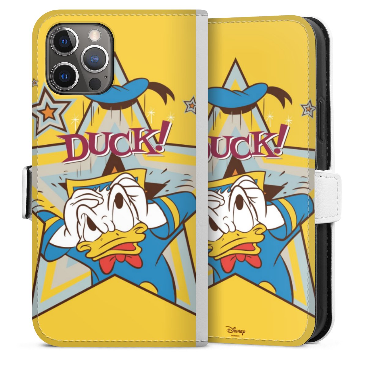 iPhone 12 Pro Handy Klapphülle Handyhülle aus Kunst Leder weiß Flip Case Donald Duck Official Licensed Product Disney Sideflip mit Lasche