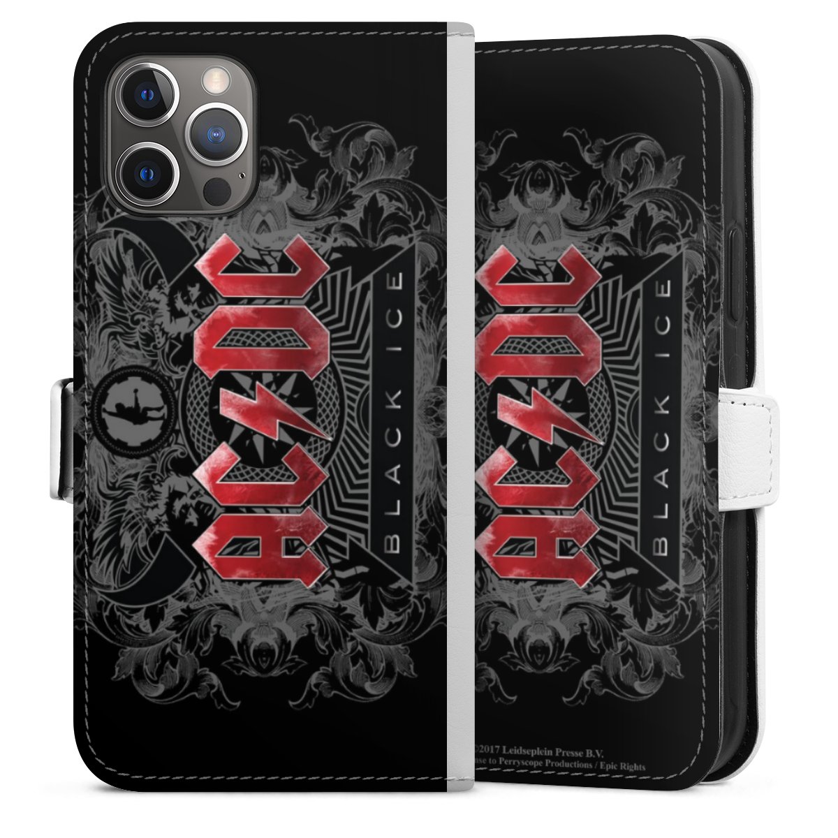 iPhone 12 Pro Handy Klapphülle Handyhülle aus Kunst Leder weiß Flip Case Acdc Merchandise Black Ice Sideflip mit Lasche