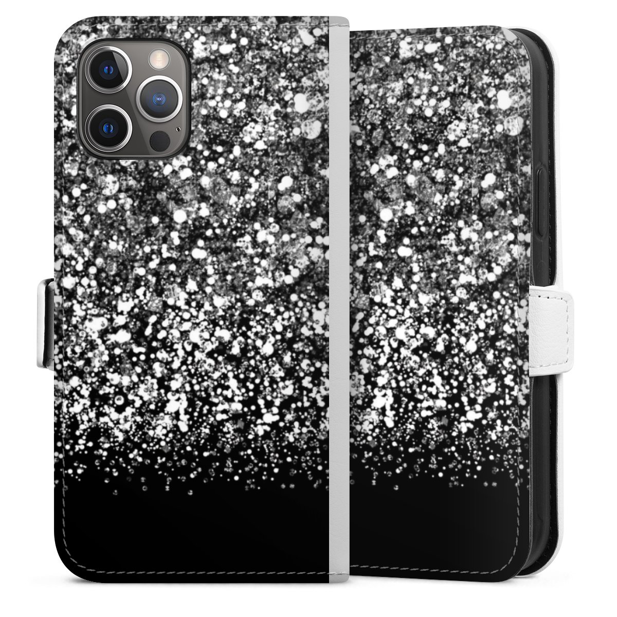 iPhone 12 Pro Handy Klapphülle Handyhülle aus Kunst Leder weiß Flip Case Snowflake Muster Glitzer Sideflip mit Lasche