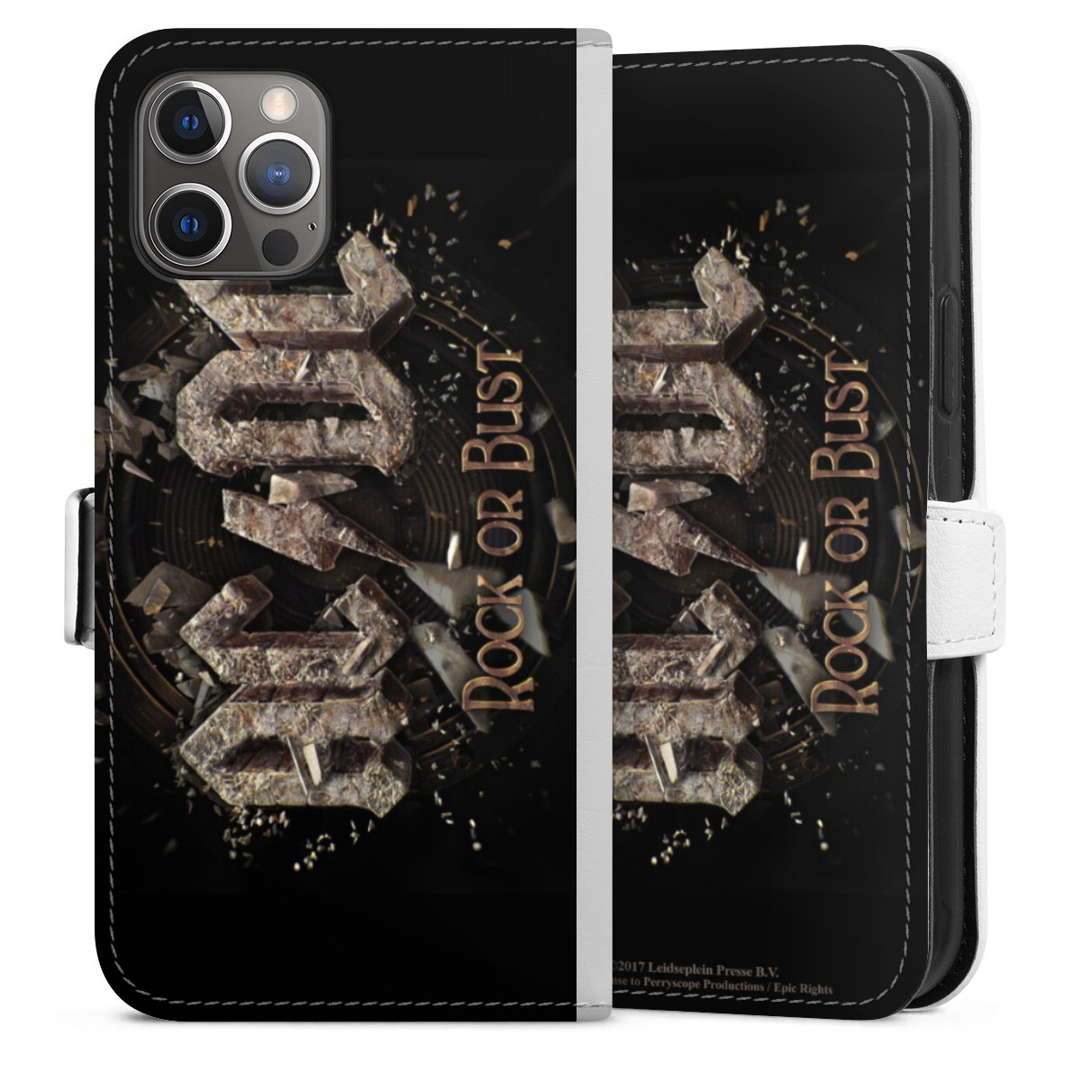 iPhone 12 Pro Handy Klapphülle Handyhülle aus Kunst Leder weiß Flip Case Official Licensed Product Acdc Rock Or Bust Sideflip mit Lasche