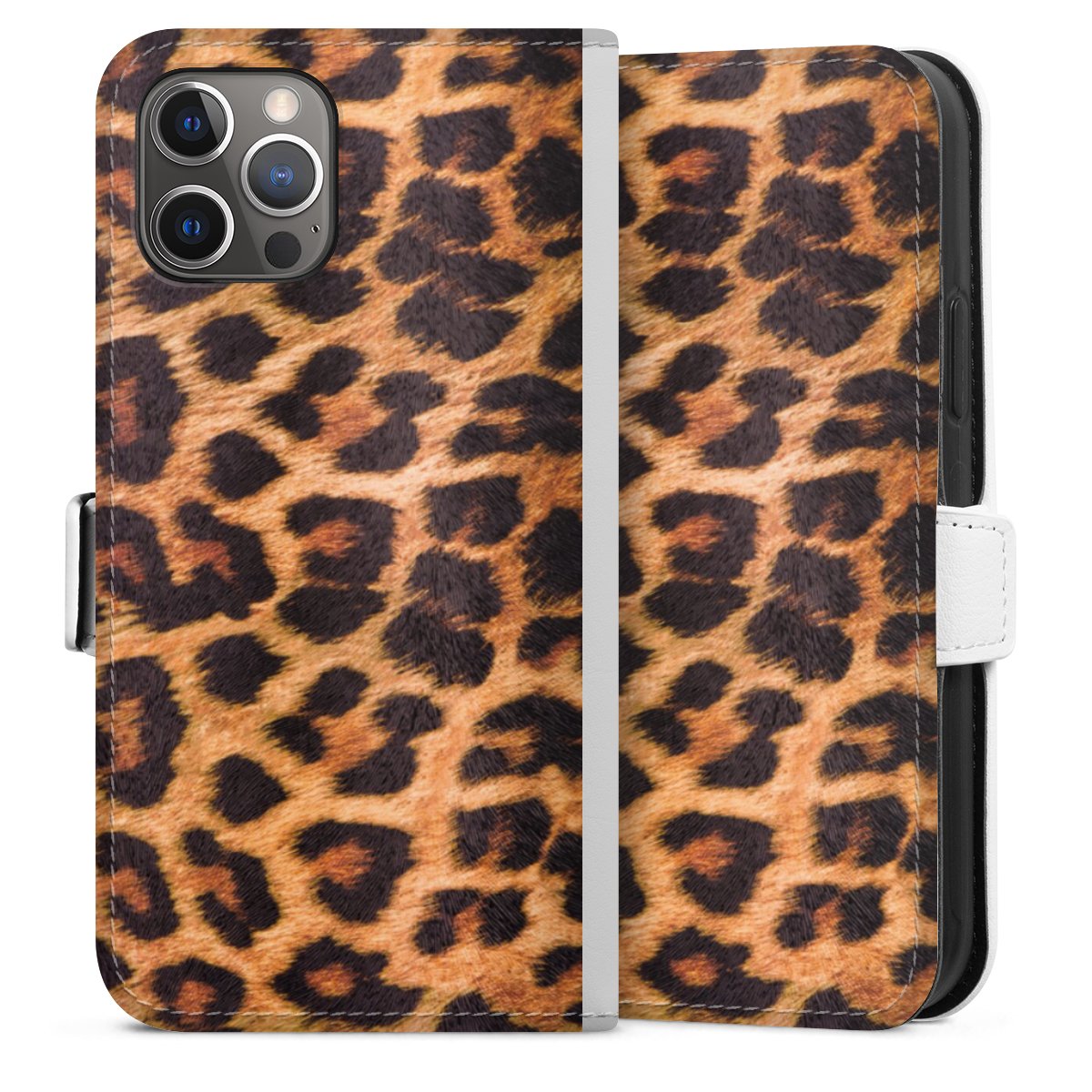 iPhone 12 Pro Handy Klapphülle Handyhülle aus Kunst Leder weiß Flip Case Animal Print Fur Leopard Sideflip mit Lasche