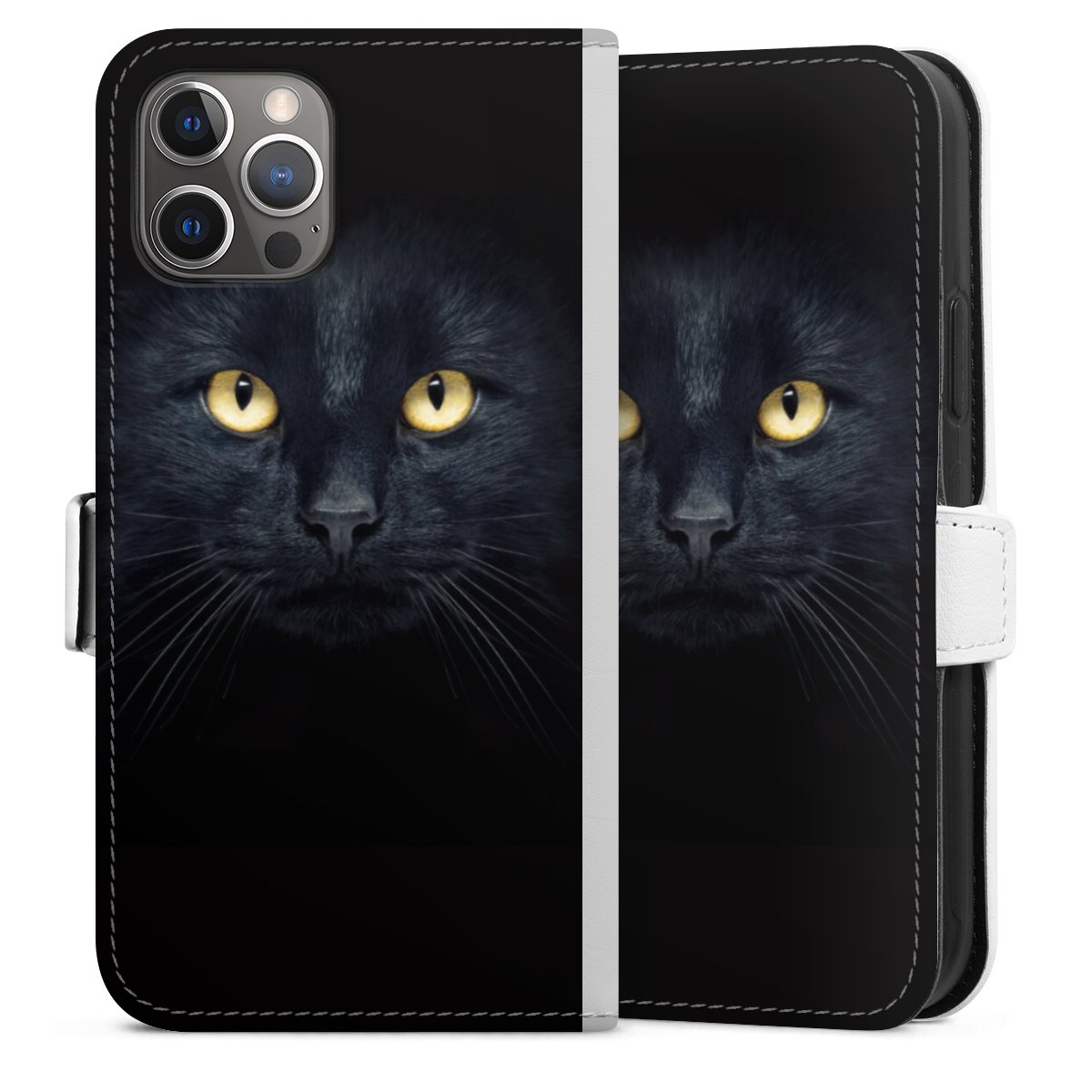 iPhone 12 Pro Handy Klapphülle Handyhülle aus Kunst Leder weiß Flip Case Black Eye Cat Sideflip mit Lasche