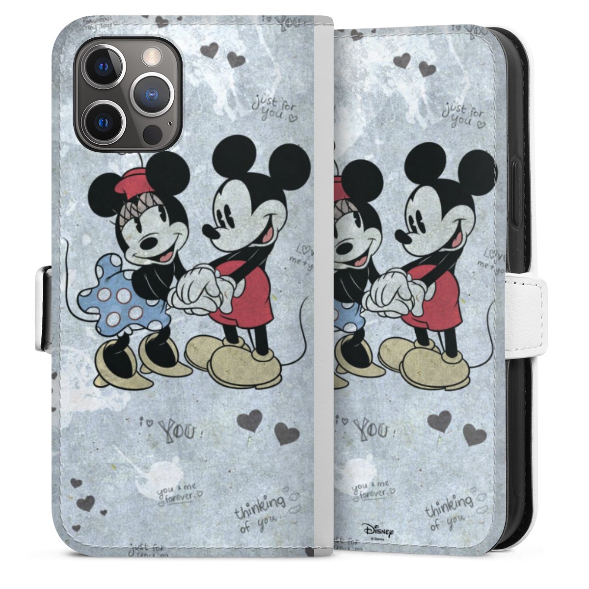 iPhone 12 Pro Handy Klapphülle Handyhülle aus Kunst Leder weiß Flip Case Disney Vintage Mickey & Minnie Mouse Sideflip mit Lasche