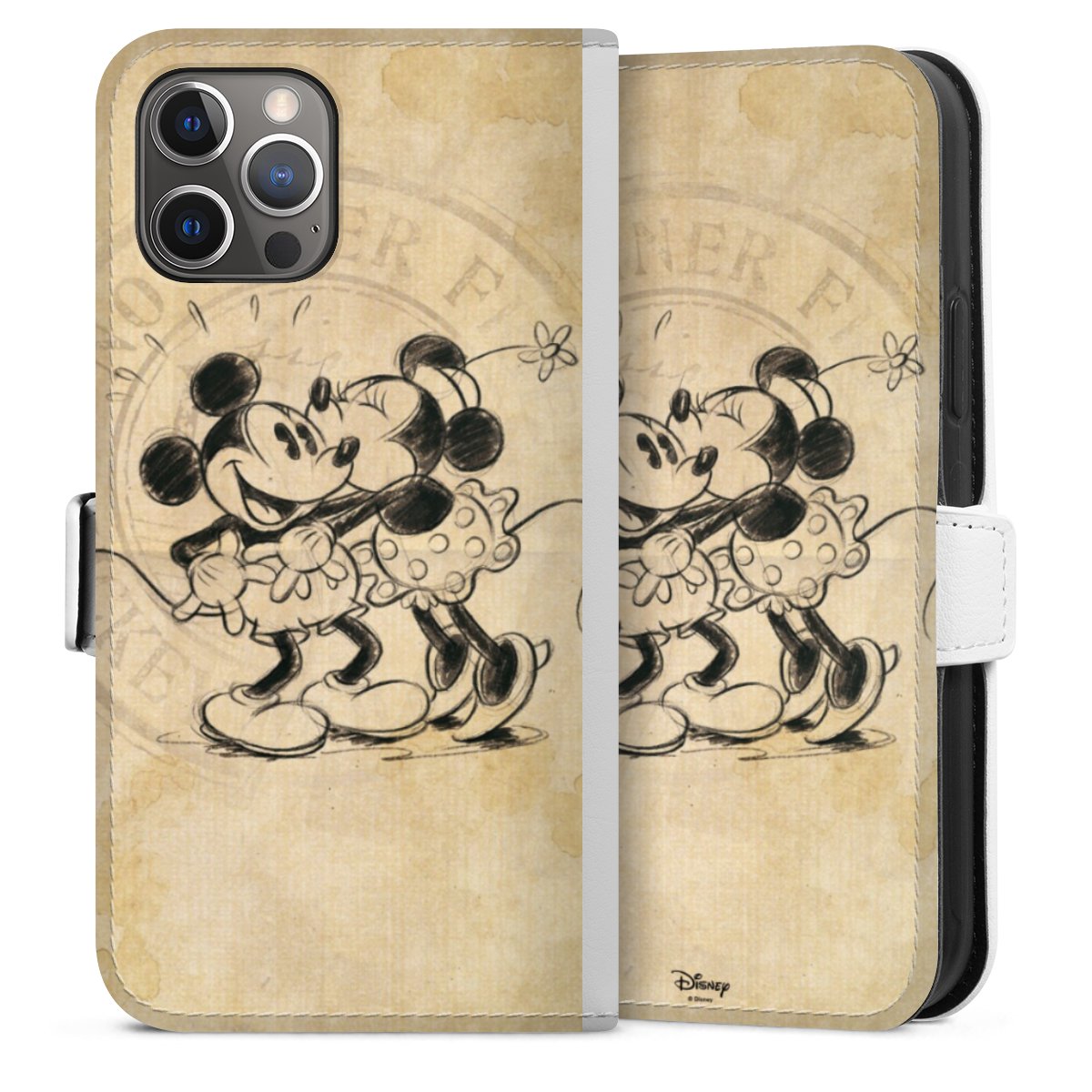 iPhone 12 Pro Handy Klapphülle Handyhülle aus Kunst Leder weiß Flip Case Mickey Mouse Vintage Minnie Mouse Sideflip mit Lasche