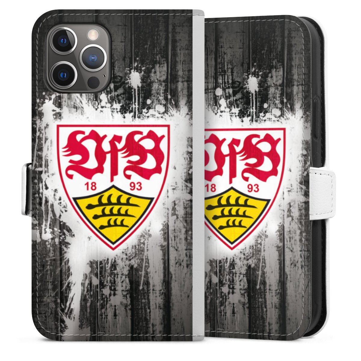 iPhone 12 Pro Handy Klapphülle Handyhülle aus Kunst Leder weiß Flip Case Vfb Stuttgart Official Licensed Product Sideflip mit Lasche