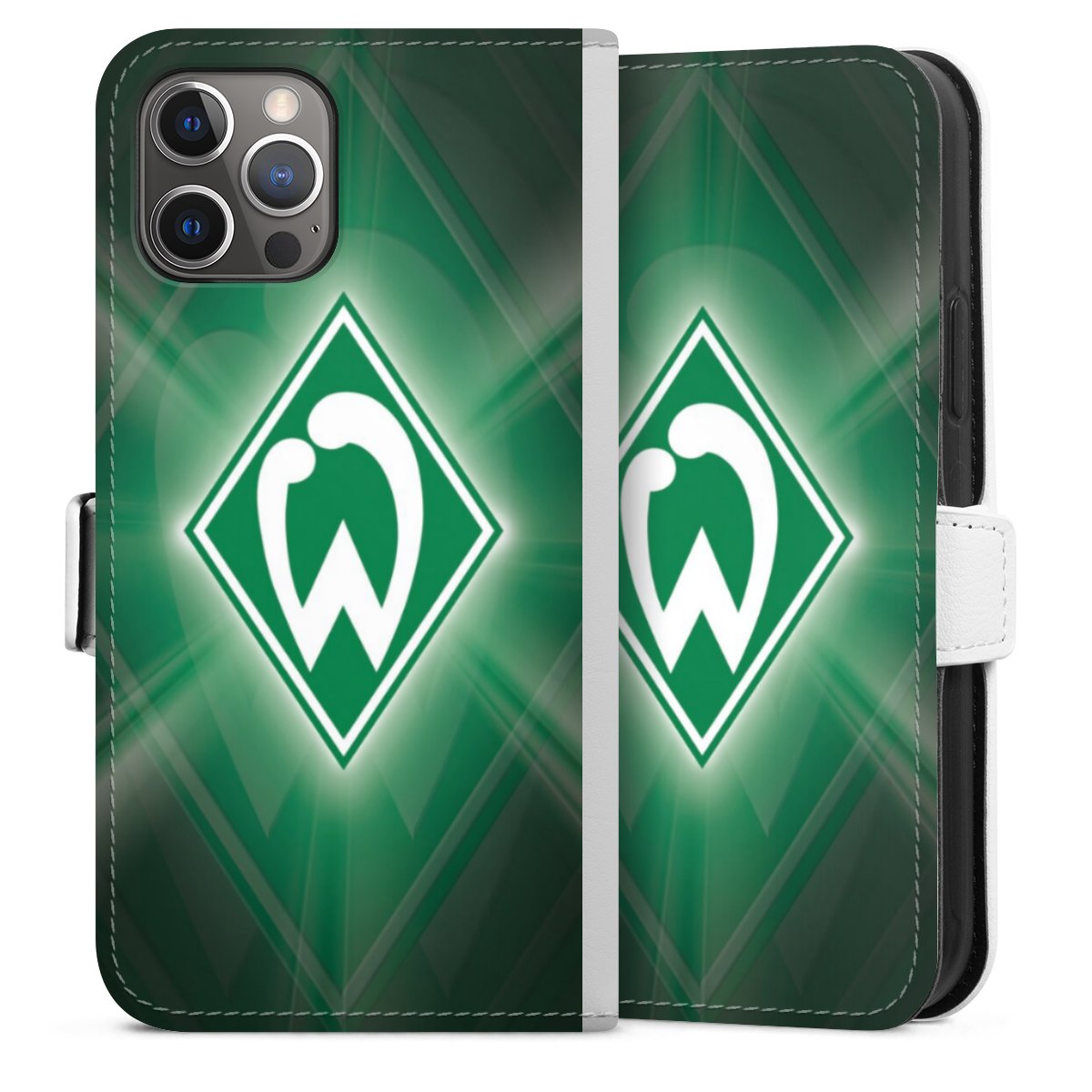 iPhone 12 Pro Handy Klapphülle Handyhülle aus Kunst Leder weiß Flip Case Coat Of Arms Official Licensed Product Sv Werder Bremen Sideflip mit Lasche