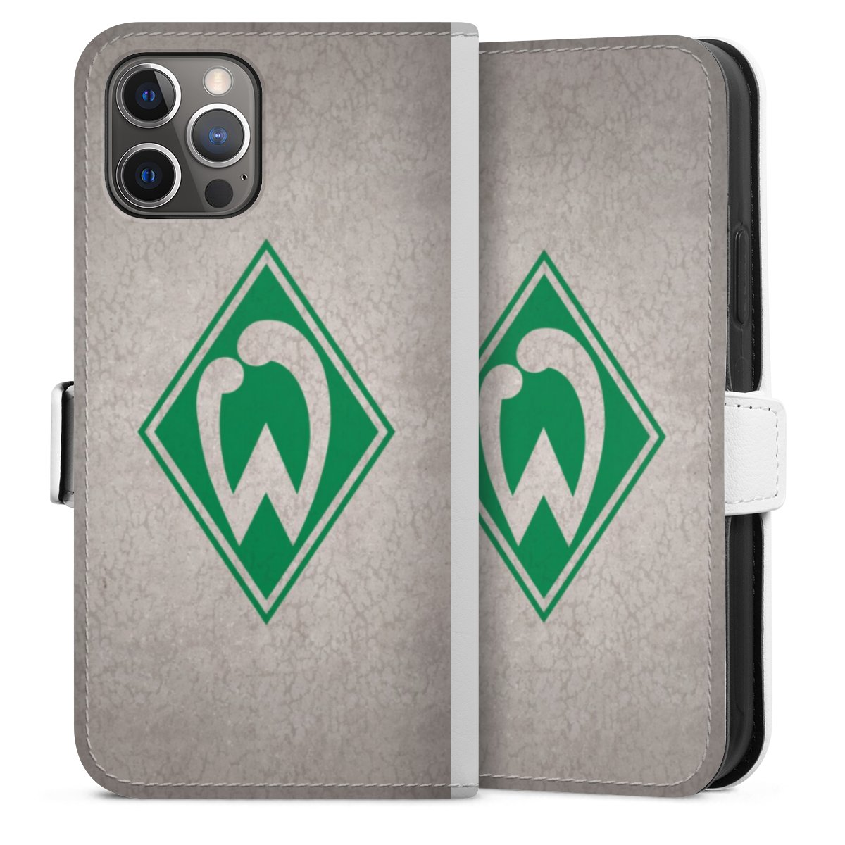 iPhone 12 Pro Handy Klapphülle Handyhülle aus Kunst Leder weiß Flip Case Official Licensed Product Concrete Sv Werder Bremen Sideflip mit Lasche