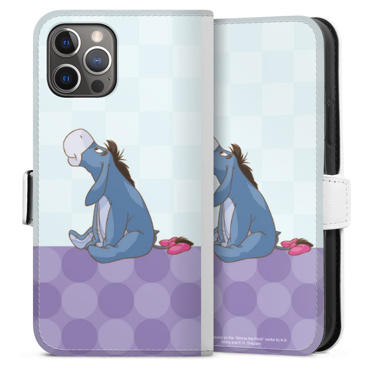 iPhone 12 Pro Handy Klapphülle Handyhülle aus Kunst Leder weiß Flip Case Winnie The Pooh Disney Donkey Sideflip mit Lasche