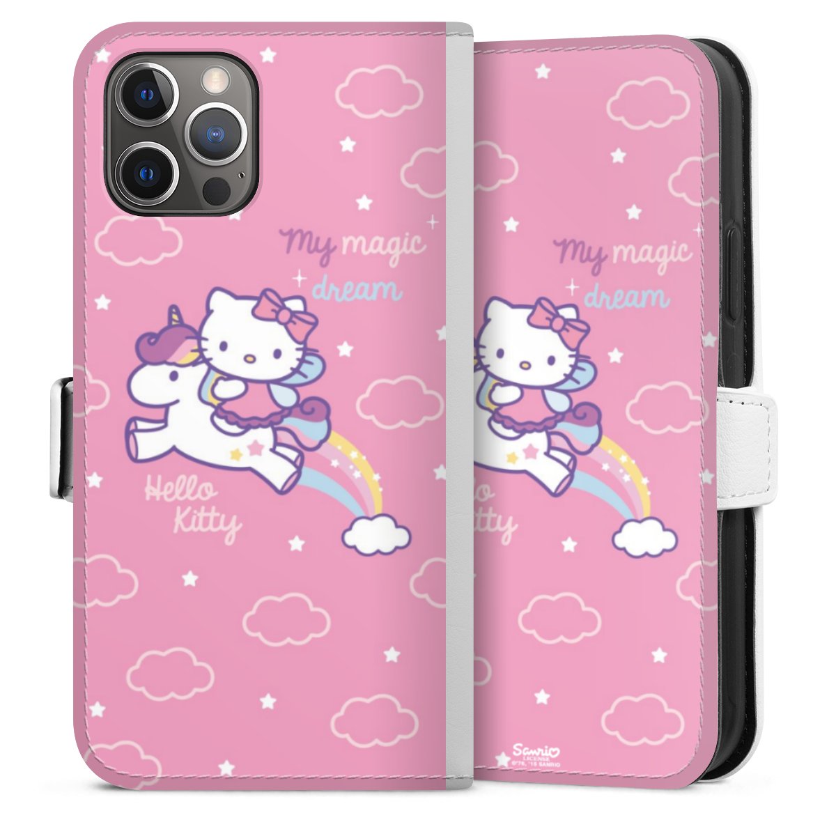 iPhone 12 Pro Handy Klapphülle Handyhülle aus Kunst Leder weiß Flip Case Official Licensed Product Hello Kitty Einhorn Sideflip mit Lasche