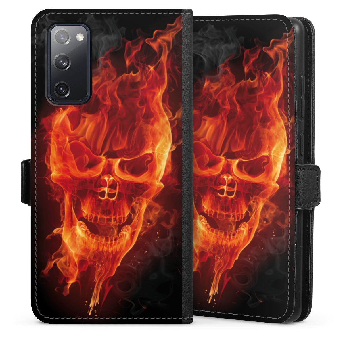 Galaxy S20 FE Handy Klapphülle Handyhülle aus Kunst Leder schwarz Flip Case Totenkopf Skull Fire Sideflip mit Lasche