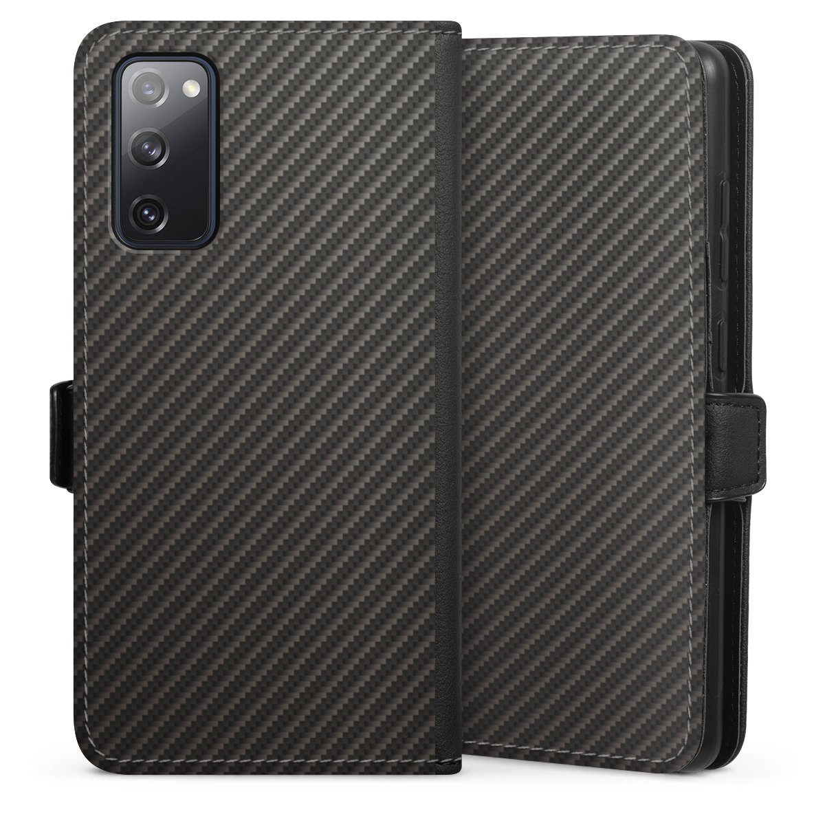 Galaxy S20 FE Handy Klapphülle Handyhülle aus Kunst Leder schwarz Flip Case Metallic Look Carbon Muster Sideflip mit Lasche