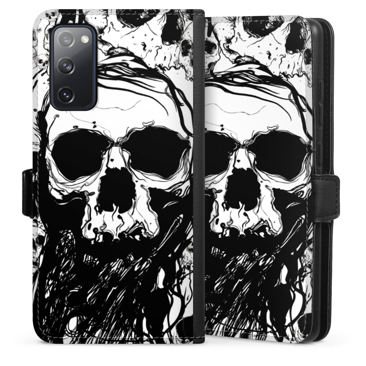 Galaxy S20 FE Handy Klapphülle Handyhülle aus Kunst Leder schwarz Flip Case Totenkopf Halloween Sideflip mit Lasche