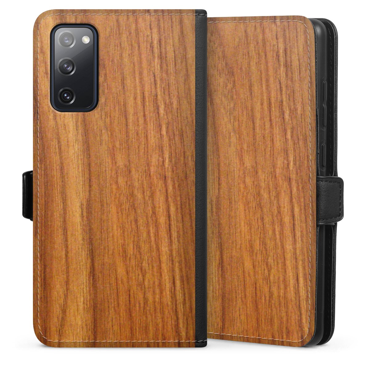 Galaxy S20 FE Handy Klapphülle Handyhülle aus Kunst Leder schwarz Flip Case Wood Larch Wooden Look Sideflip mit Lasche