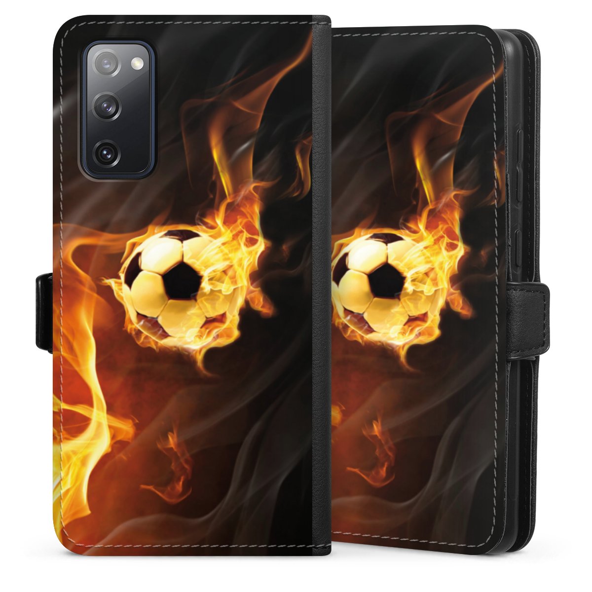 Galaxy S20 FE Handy Klapphülle Handyhülle aus Kunst Leder schwarz Flip Case Ball Fire Soccer Sideflip mit Lasche