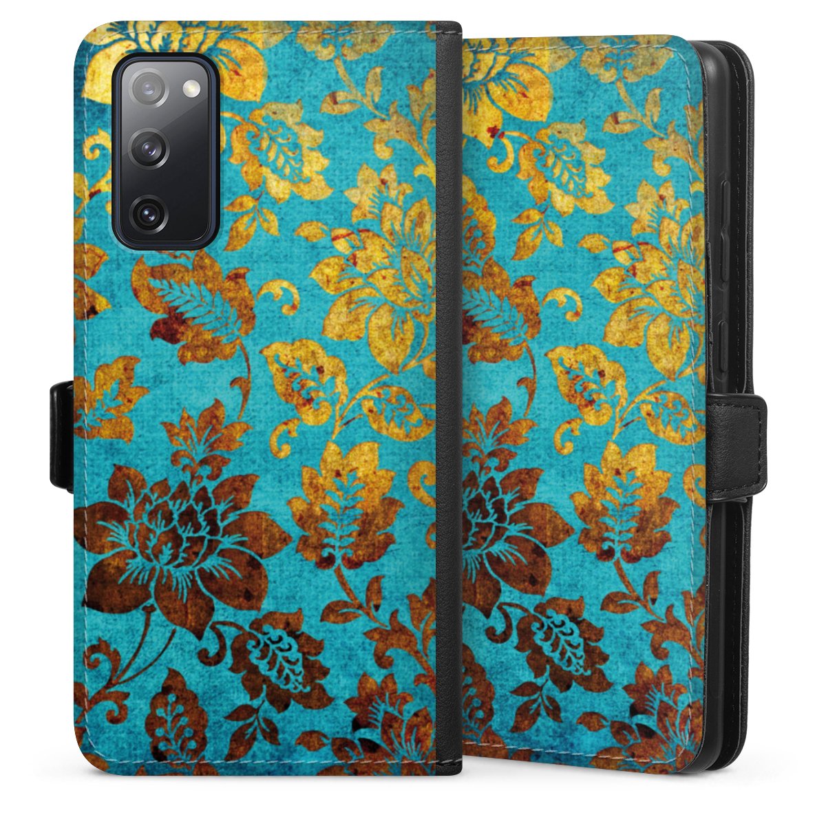 Galaxy S20 FE Handy Klapphülle Handyhülle aus Kunst Leder schwarz Flip Case Ornament Vintage Flowers Sideflip mit Lasche