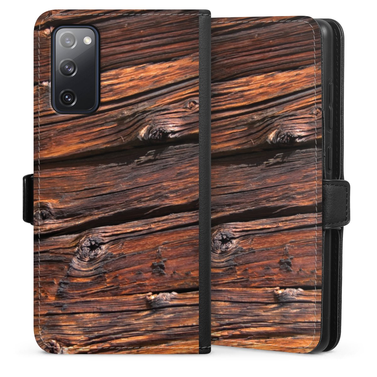 Galaxy S20 FE Handy Klapphülle Handyhülle aus Kunst Leder schwarz Flip Case Beams Wooden Look Wood Sideflip mit Lasche