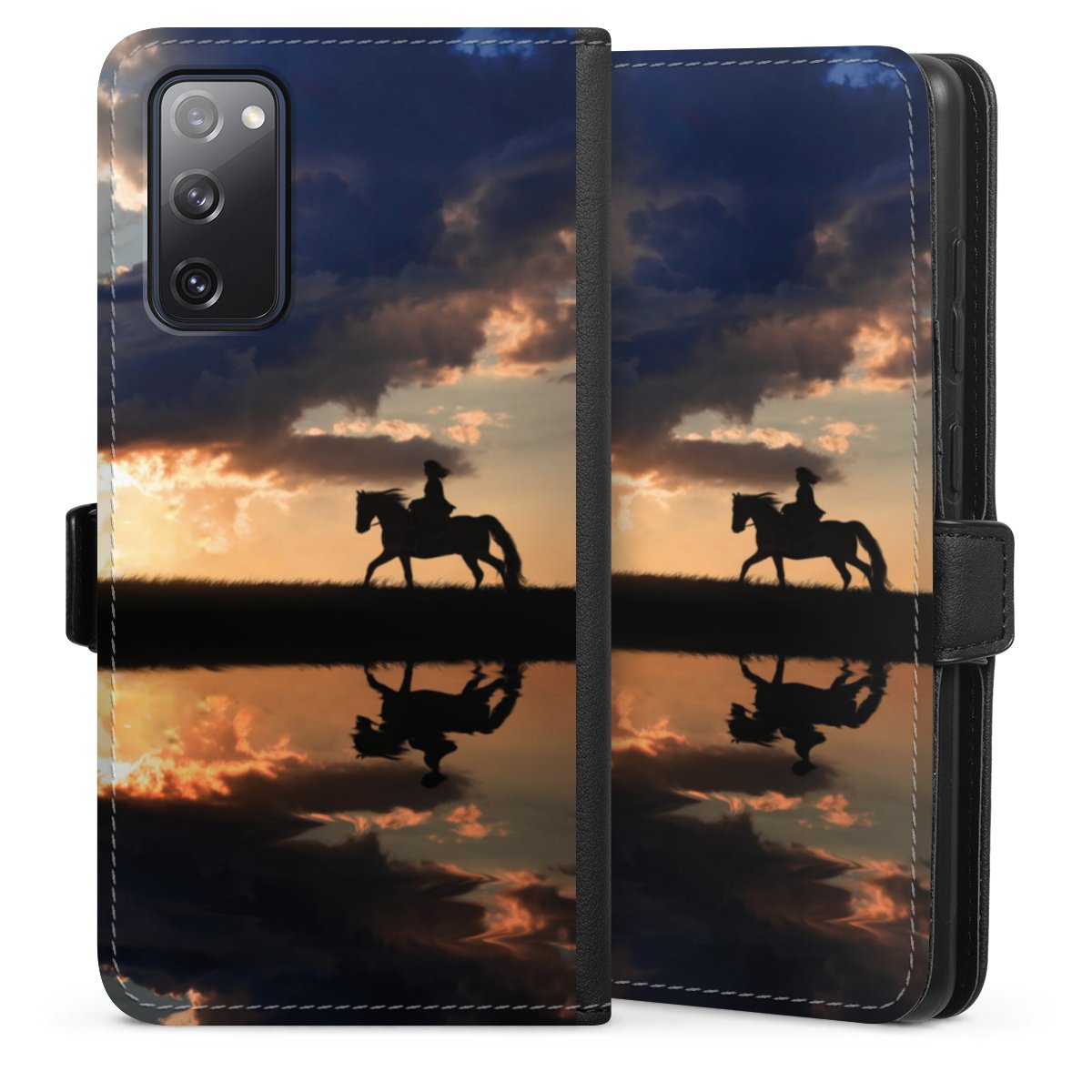 Galaxy S20 FE Handy Klapphülle Handyhülle aus Kunst Leder schwarz Flip Case Horse Sunset Horseback Riding Sideflip mit Lasche