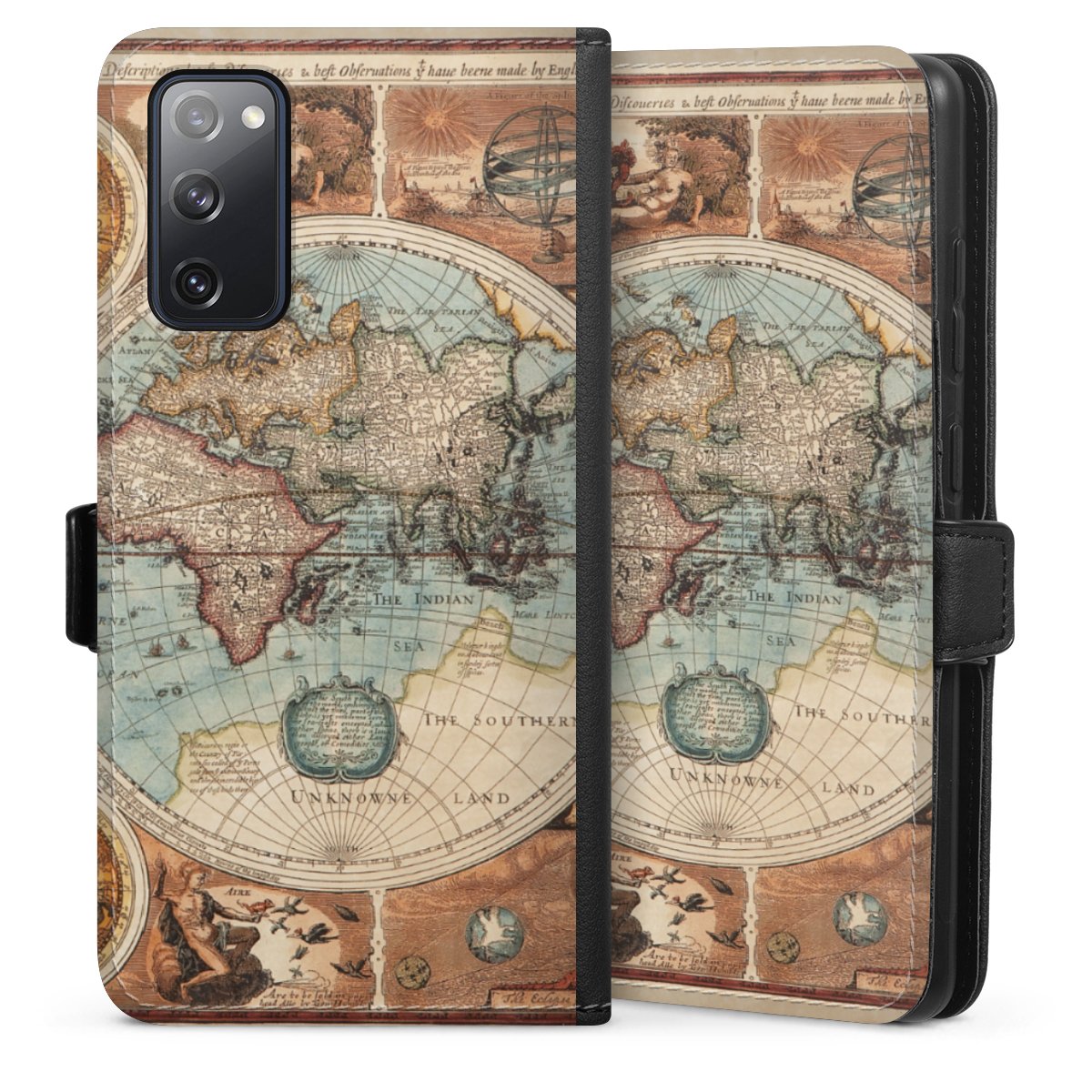 Galaxy S20 FE Handy Klapphülle Handyhülle aus Kunst Leder schwarz Flip Case World Map Vintage Map Sideflip mit Lasche