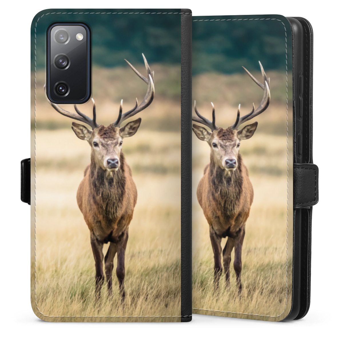 Galaxy S20 FE Handy Klapphülle Handyhülle aus Kunst Leder schwarz Flip Case Deer Meadow Forrest Sideflip mit Lasche