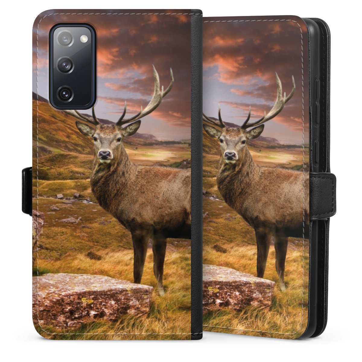 Galaxy S20 FE Handy Klapphülle Handyhülle aus Kunst Leder schwarz Flip Case Meadow Mountain Deer Sideflip mit Lasche