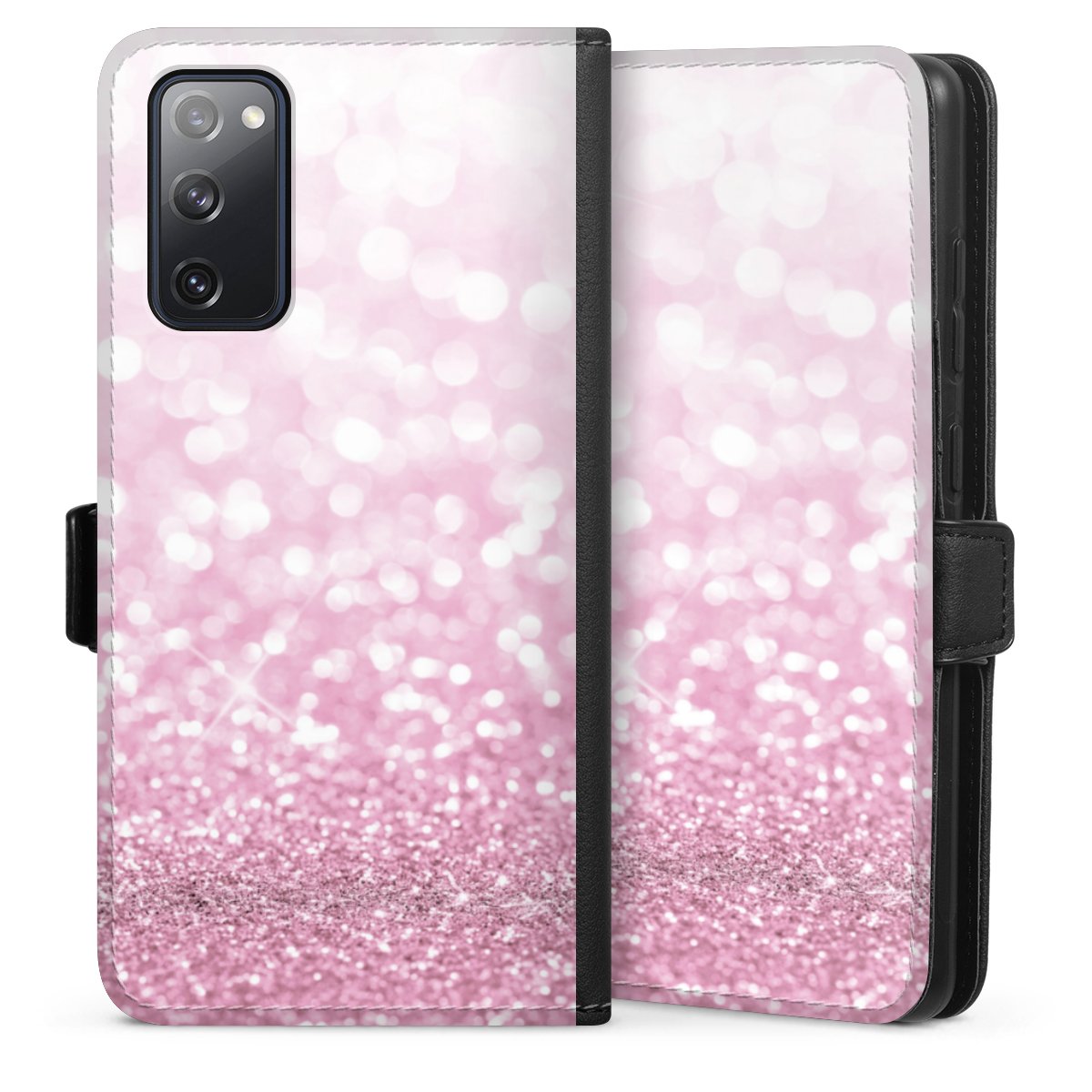 Galaxy S20 FE Handy Klapphülle Handyhülle aus Kunst Leder schwarz Flip Case Glitzer Pink Shine Sideflip mit Lasche