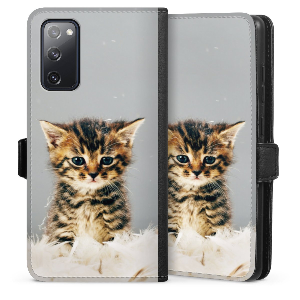 Galaxy S20 FE Handy Klapphülle Handyhülle aus Kunst Leder schwarz Flip Case Cat Feather Pet Sideflip mit Lasche