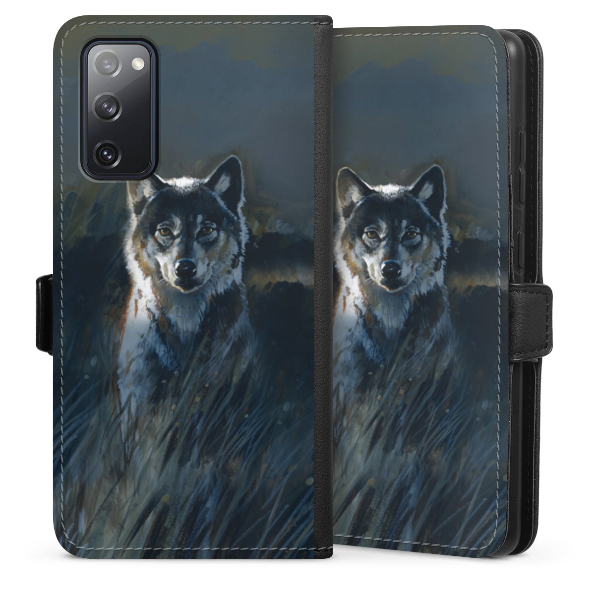 Galaxy S20 FE Handy Klapphülle Handyhülle aus Kunst Leder schwarz Flip Case Nature Wolf Painting Sideflip mit Lasche