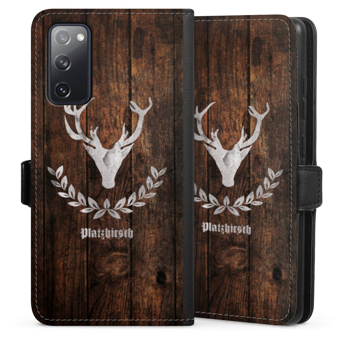 Galaxy S20 FE Handy Klapphülle Handyhülle aus Kunst Leder schwarz Flip Case Deer Wood Wooden Look Sideflip mit Lasche