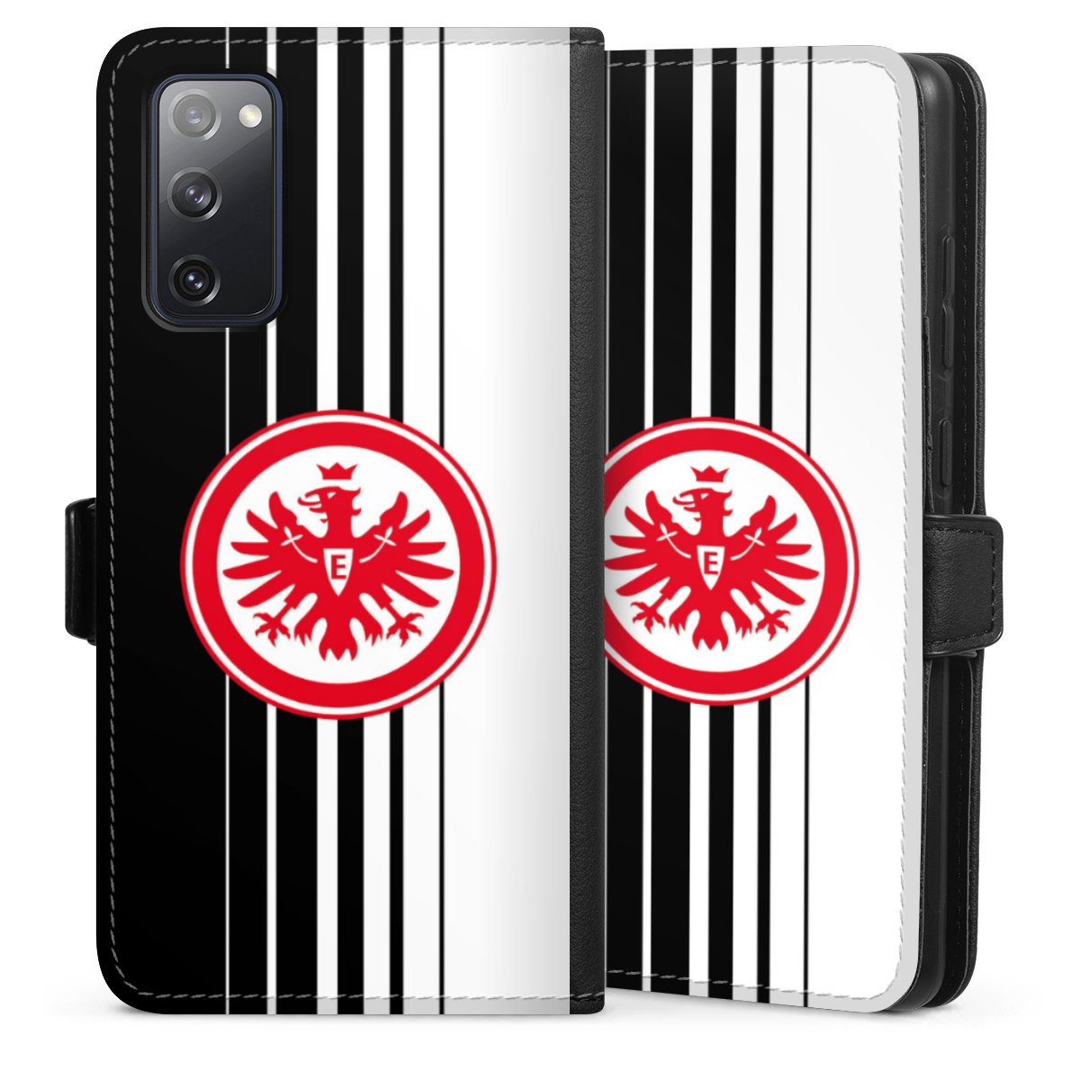 Galaxy S20 FE Handy Klapphülle Handyhülle aus Kunst Leder schwarz Flip Case Stripes Eintracht Frankfurt Official Licensed Product Sideflip mit Lasche