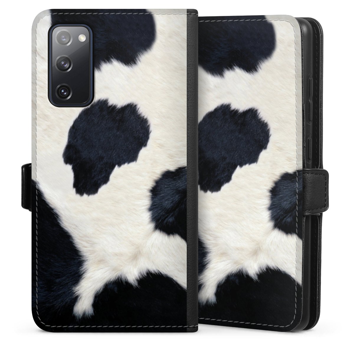 Galaxy S20 FE Handy Klapphülle Handyhülle aus Kunst Leder schwarz Flip Case Animal Look Animal Print Cow Skin Sideflip mit Lasche