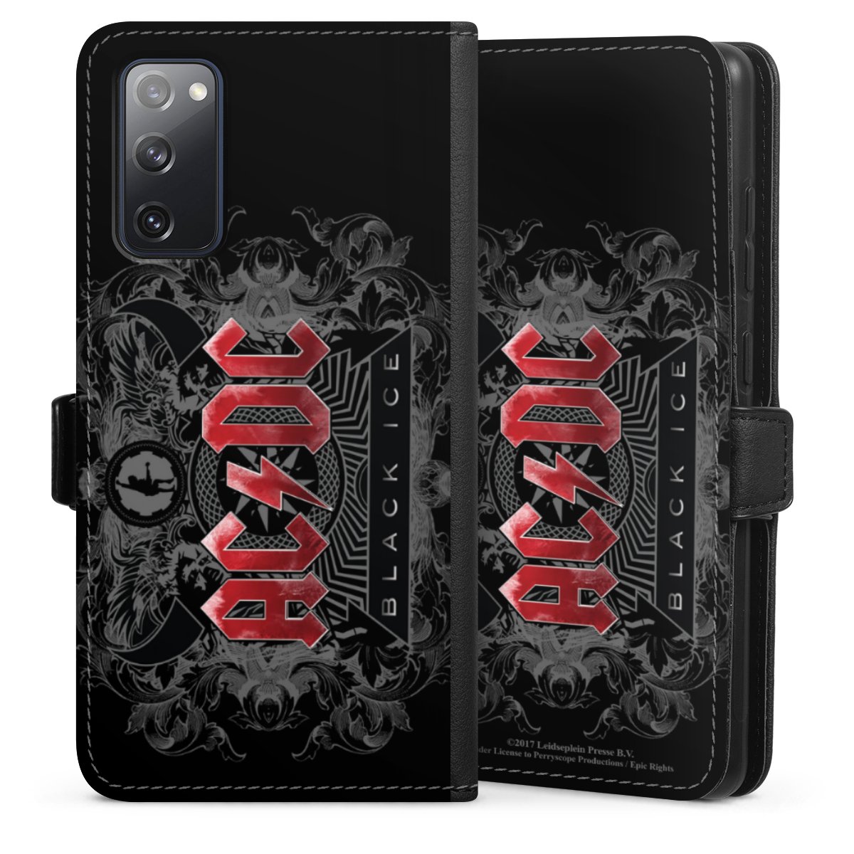 Galaxy S20 FE Handy Klapphülle Handyhülle aus Kunst Leder schwarz Flip Case Merchandise Black Ice Acdc Sideflip mit Lasche