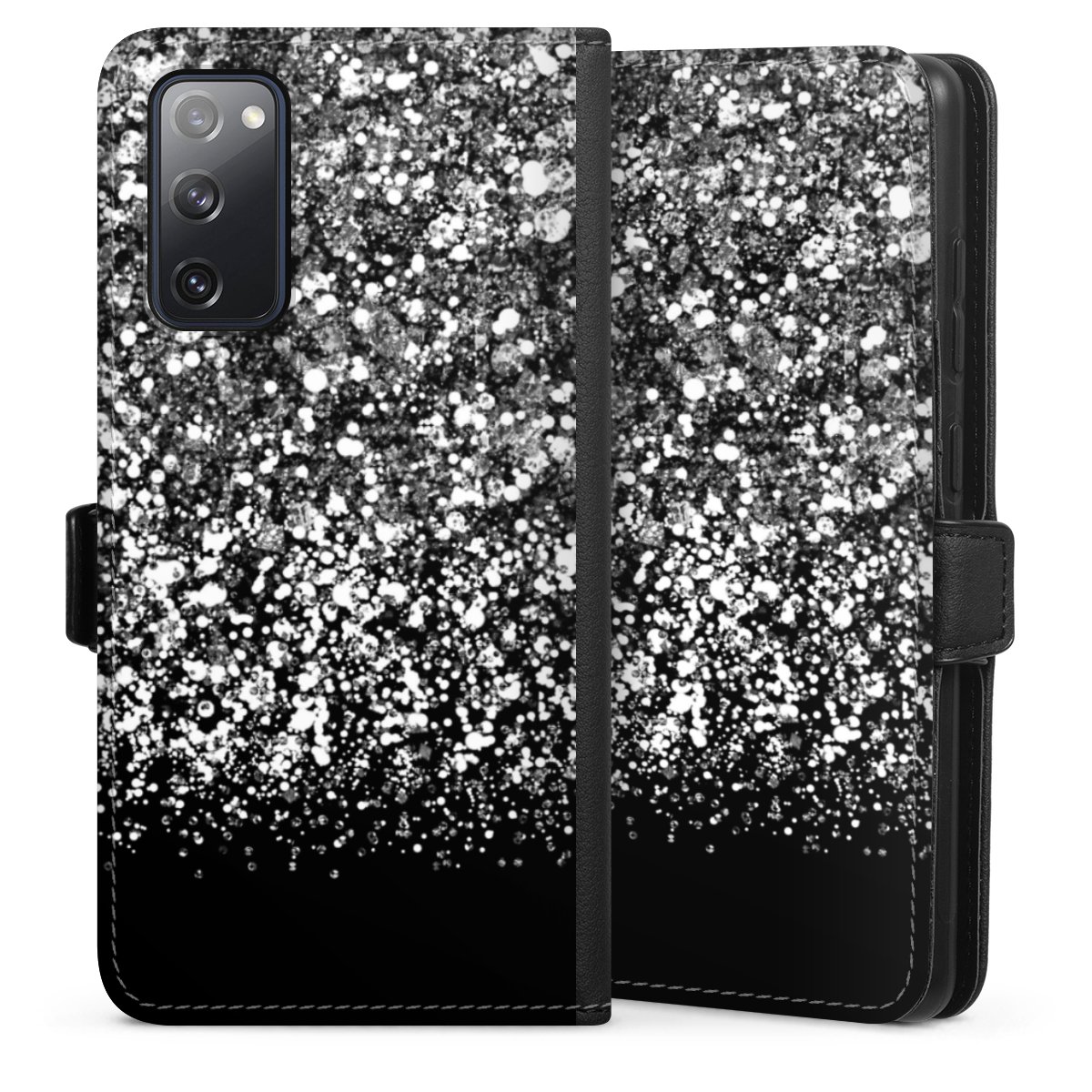 Galaxy S20 FE Handy Klapphülle Handyhülle aus Kunst Leder schwarz Flip Case Glitzer Snowflake Muster Sideflip mit Lasche