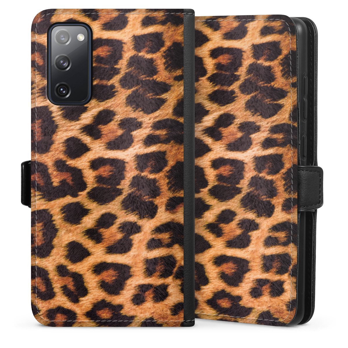 Galaxy S20 FE Handy Klapphülle Handyhülle aus Kunst Leder schwarz Flip Case Animal Print Leopard Fur Sideflip mit Lasche