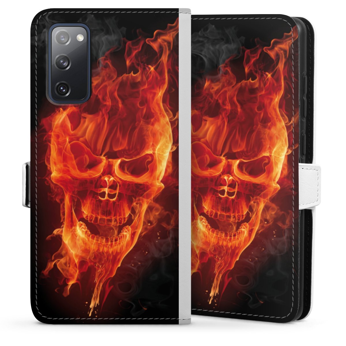 Galaxy S20 FE Handy Klapphülle Handyhülle aus Kunst Leder weiß Flip Case Totenkopf Skull Fire Sideflip mit Lasche