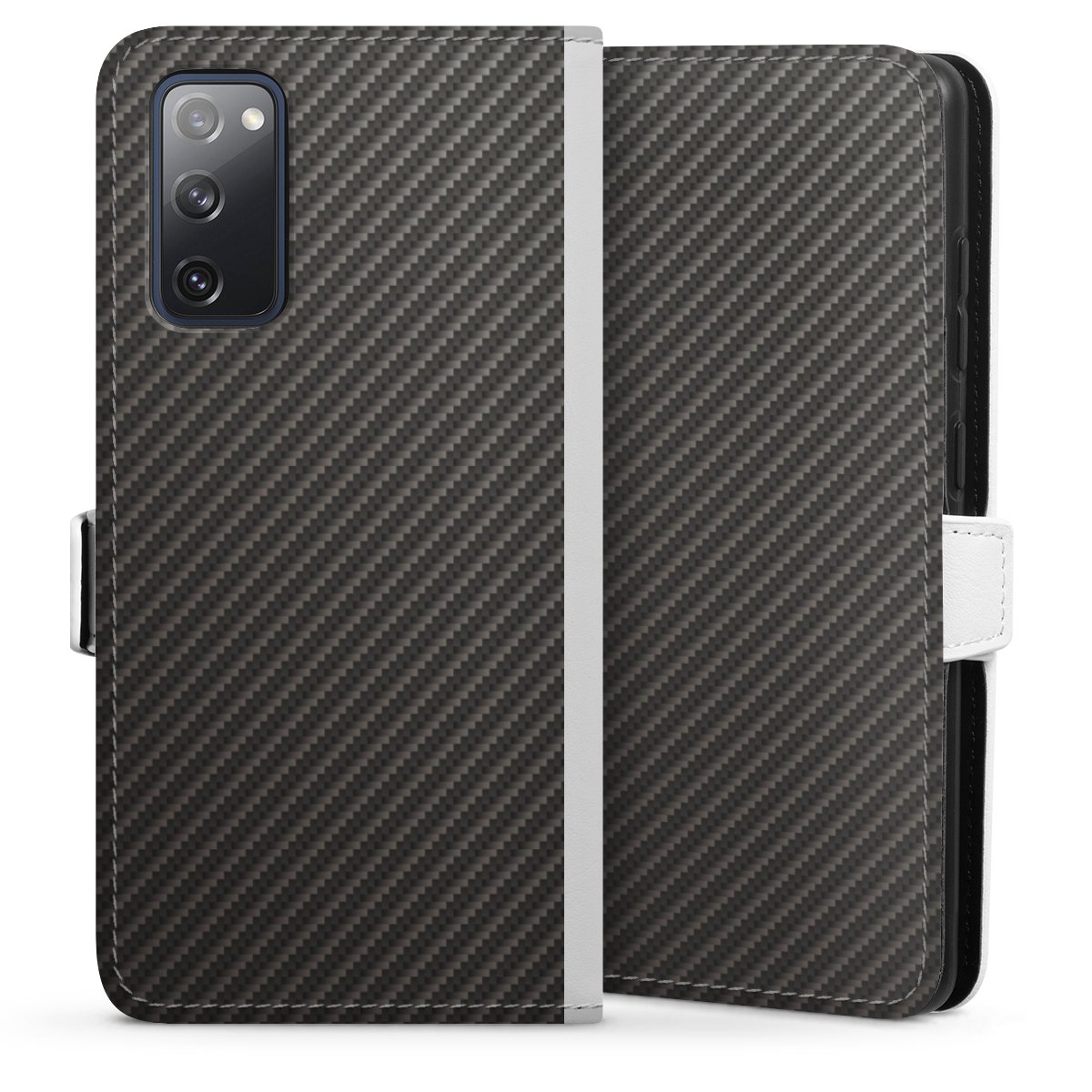 Galaxy S20 FE Handy Klapphülle Handyhülle aus Kunst Leder weiß Flip Case Metallic Look Carbon Muster Sideflip mit Lasche